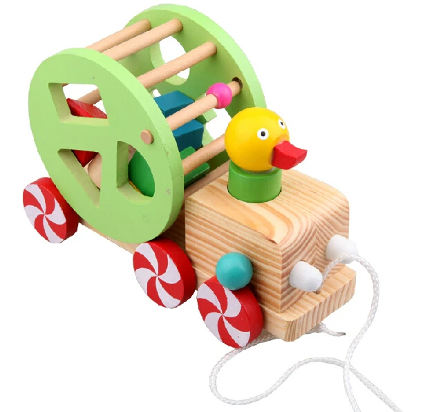 

candice guo montessori wooden toy wood block colorful duck car shape match game pull cart baby birthday gift christams present