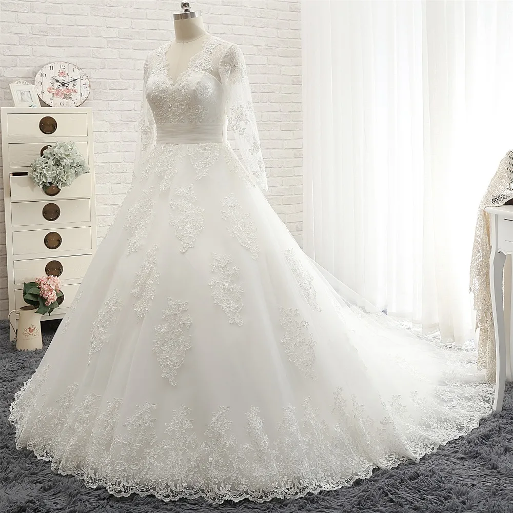 Халат де mariée новое бальное платье свадебное платье 2018 V-образным вырезом одежда с длинным рукавом Часовня Поезд аппликации тюль невесты