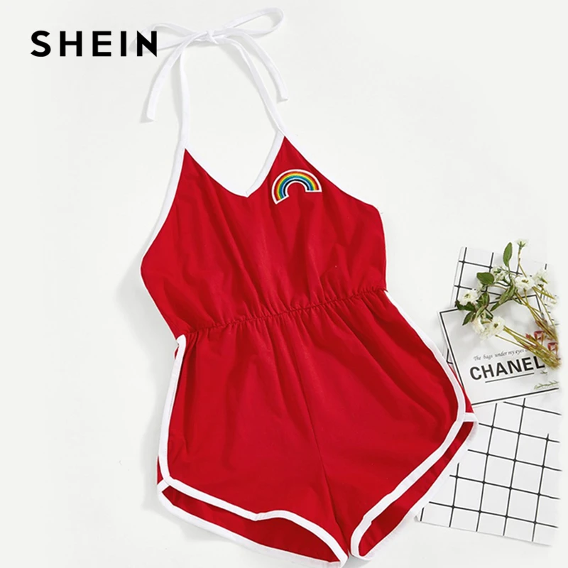 

SHEIN Girls Red Rainbow Embroidery Halter Ringer Casual Romper Children Jumpsuits 2019 Fashion Sleeveless Striped Mini Jumpsuit
