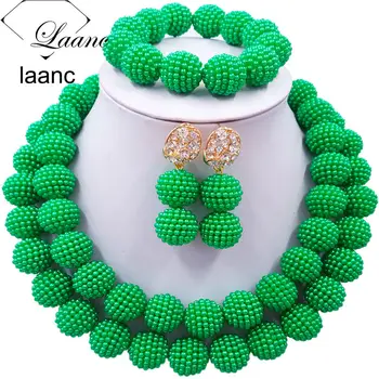 

Laanc Fashion Green Jewelry Sets Nigerian Beaded Simulated Pearl Necklace Costume African Wedding Beads Jewelry Set 2RZD012