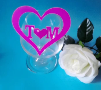 

Free Shipping 100pcs Table Marker Wine Glass Name Place Cards fushia heart personlized wedding table cards wine glass markers