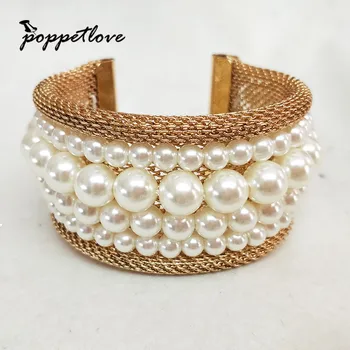 

Fashion Gold Color Personality Expoxy Pearl Open Wide Design Bracelets & Bangles For Women Jewelry