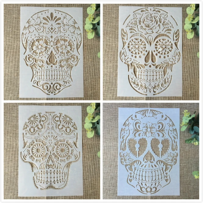 

4Pcs 29cm A4 Skull Skeleton Ghost DIY Layering Stencils Painting Scrapbook Coloring Embossing Album Decorative Card Template