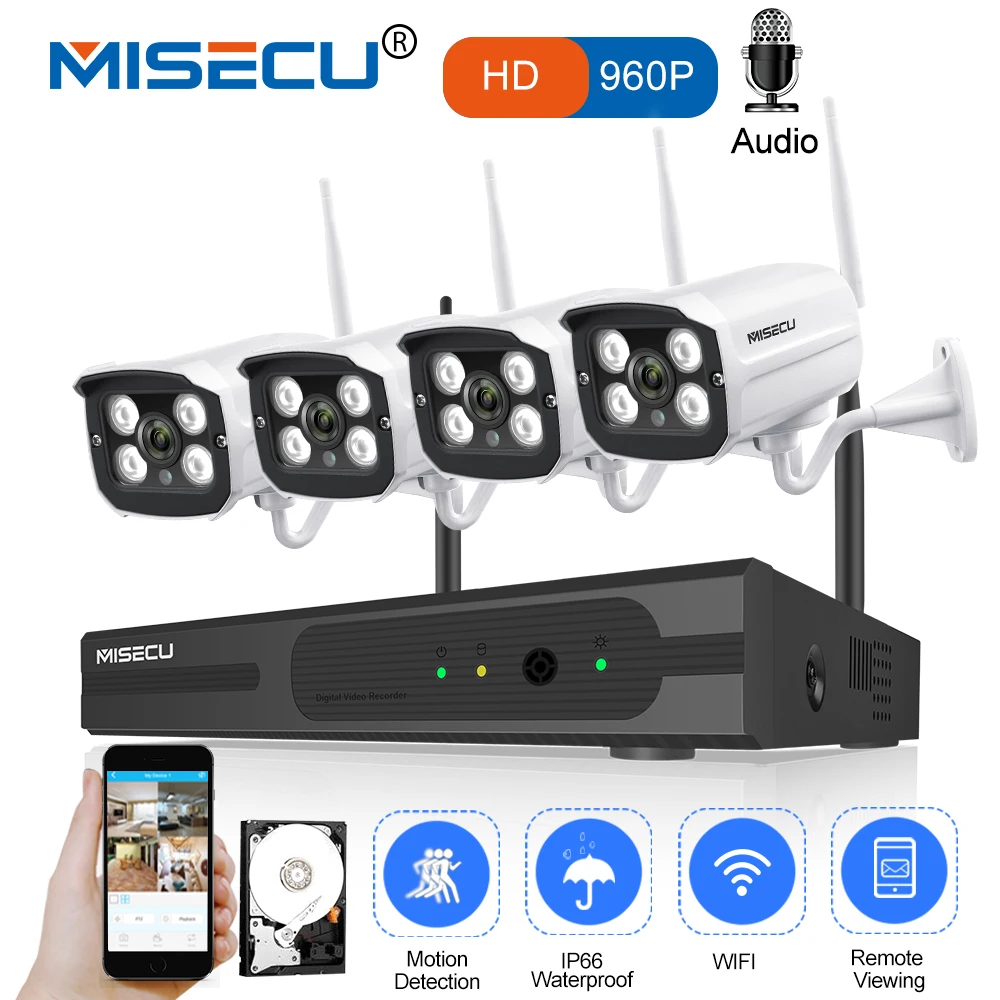 

MISECU 4CH WIFI NVR System Plug Play Kit 960P1080P VGA HDMI 1.3MP Wireless IP Camera Audio Sound P2P Waterproof CCTV Seurity