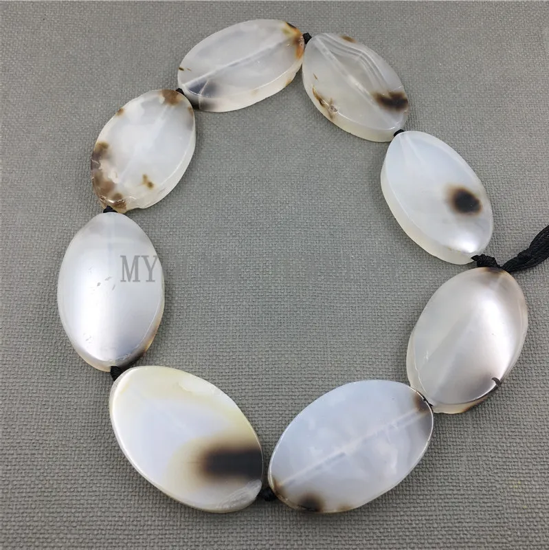 MY1223 Oval Polished Clear Slice White and Brown agates Slab Drilled Pendant Beads For DIY Jewelry 15.5 Inch Strand (1)
