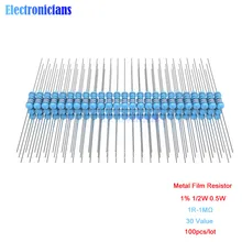 100 шт./лот металлического пленочного резистора 1% 1/2W 0,5 W 1R 4.7R 10R 100R 220R 1K 2,2 K 4,7 K 10K 22K 47K 100K 470K 1 МОм Ohm Сопротивление 1R-1M Ω