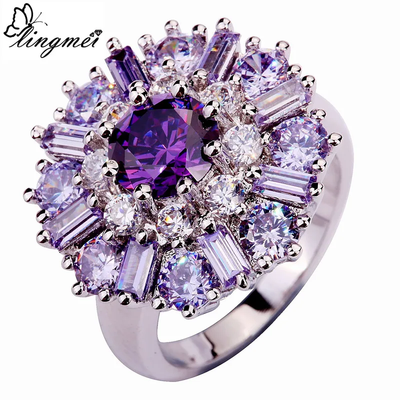 lingmei Wholesale New Fashion Round Cut Purple White CZ Silver Ring