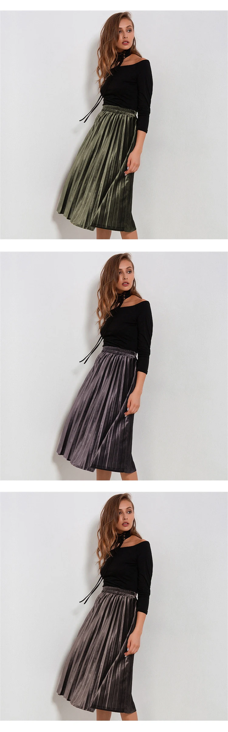 Velvet Pleated Skirts Women 2018 Autumn Winter Fashion Streetwear Midi Skirt Ladies Elastic Hight Waist Casual Skirt 