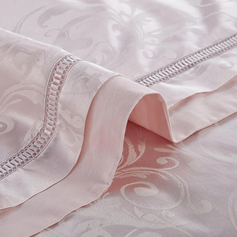 US $83.30 Home Textile Pink Jacquard Bedding Set Luxury 46pcs Solid Satin QuiltDuvet Cover Wedding Bedclothes Bed Sheet SilkCotton