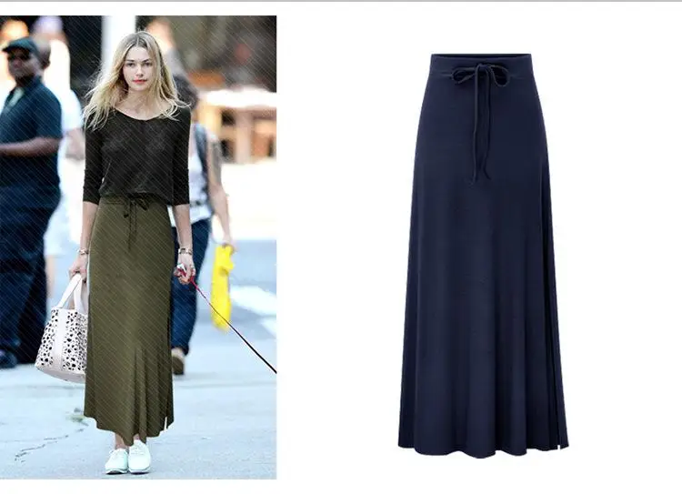 S-6xl Plus Size Summer Solid Knitted Long Pencil Skirt Womens2019 Autumn High Waist Lack Up Black Maxi Skirt For Women - Цвет: Navy