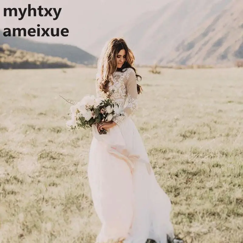 

Boho Long Sleeve Wedding Dress 2023 Robe De Mariee Vintage Lace Top New Bridal Dress Puffy Chiffon Wedding Dresses