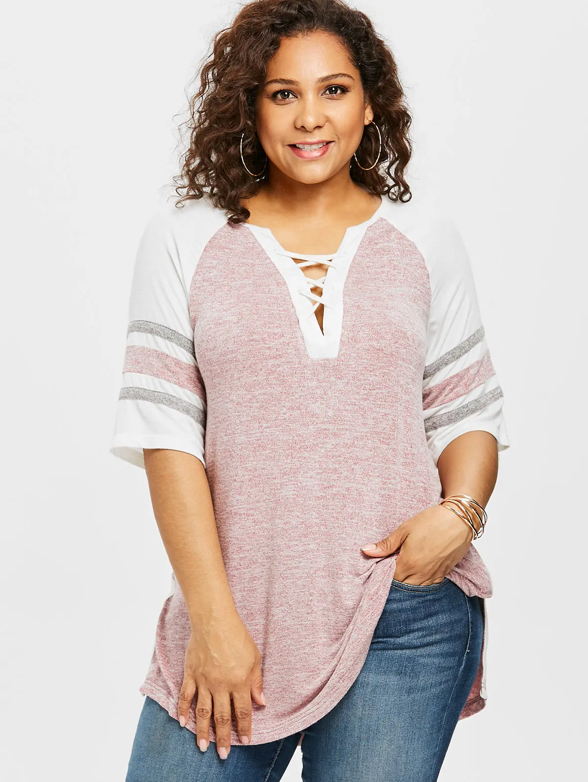 Download Wipalo Plus Size 5XL Lace Up Side Slit Marled T Shirt ...