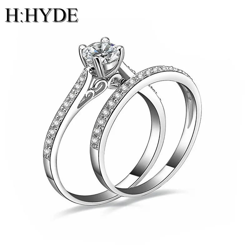 

H:HYDE 2Pcs/set Charm Lovers Ring Bijoux Femme Fashion Jewelry Bijoux Silver Crystal Engagement Wedding Rings For Women Men Anel
