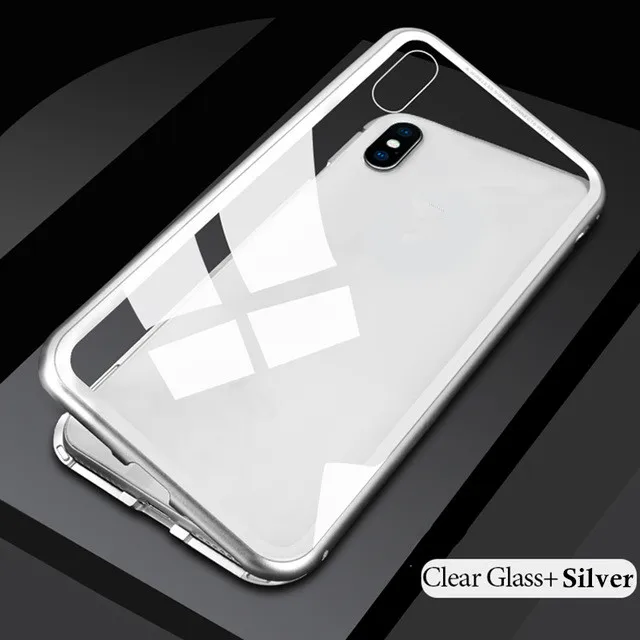 GETIHU металлический магнитный чехол для телефона для iPhone XS MAX X с закаленным стеклом задняя Магнитная крышка для iPhone 8 7 6 6S Plus Роскошный чехол - Цвет: Clear Silver