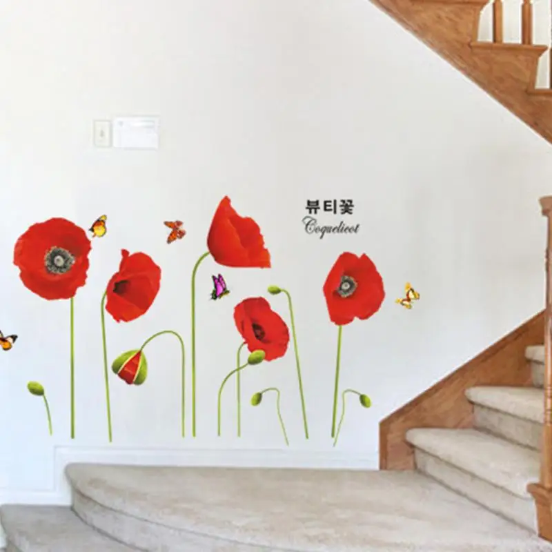 

Red Poppy Flowers Butterflies Waterproof Wall Stickers Living room Wallpaper Mural Home Decor