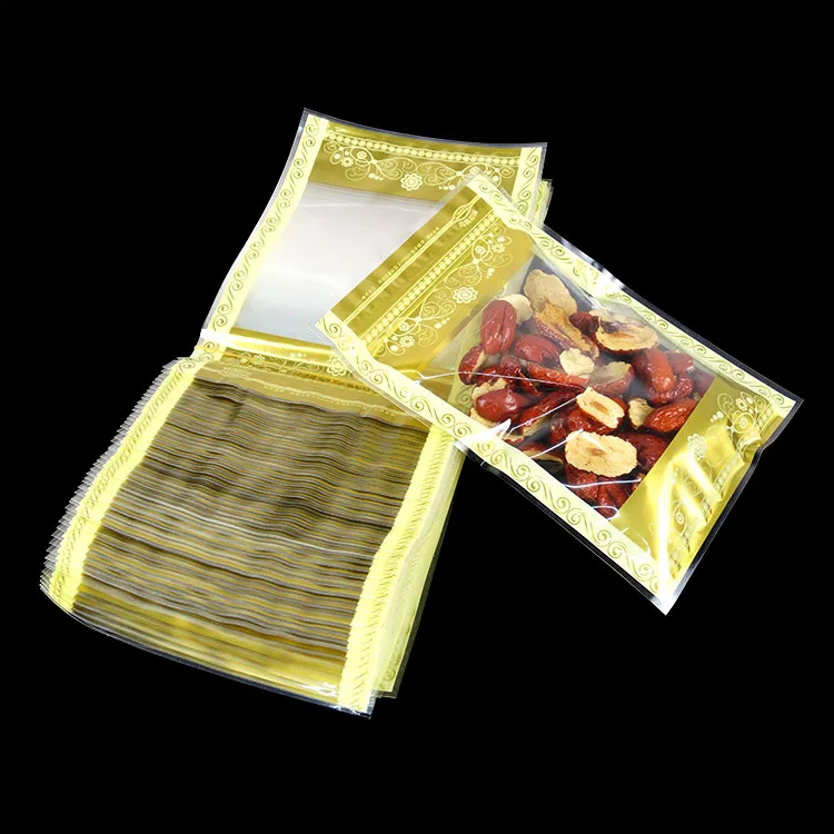

Retail 12*20cm 100Pcs/Lot Ziplock Gold Clear Packaging Bag With Window Self Seal Plastic Food Packing Bags For Food Package Bag
