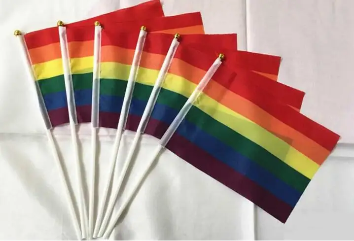 

10pcs/lot 14*21cm flag plastic Stick Rainbow Hand flag Lesbian Gay Pride Rainbow Flag Colorful Rainbow Peace Flags