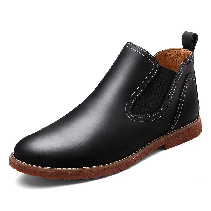 Мужские ботинки из натуральной кожи; сезон осень-зима; ботильоны; модная обувь; слипоны; мужская деловая повседневная обувь с высоким берцем - Цвет: Black