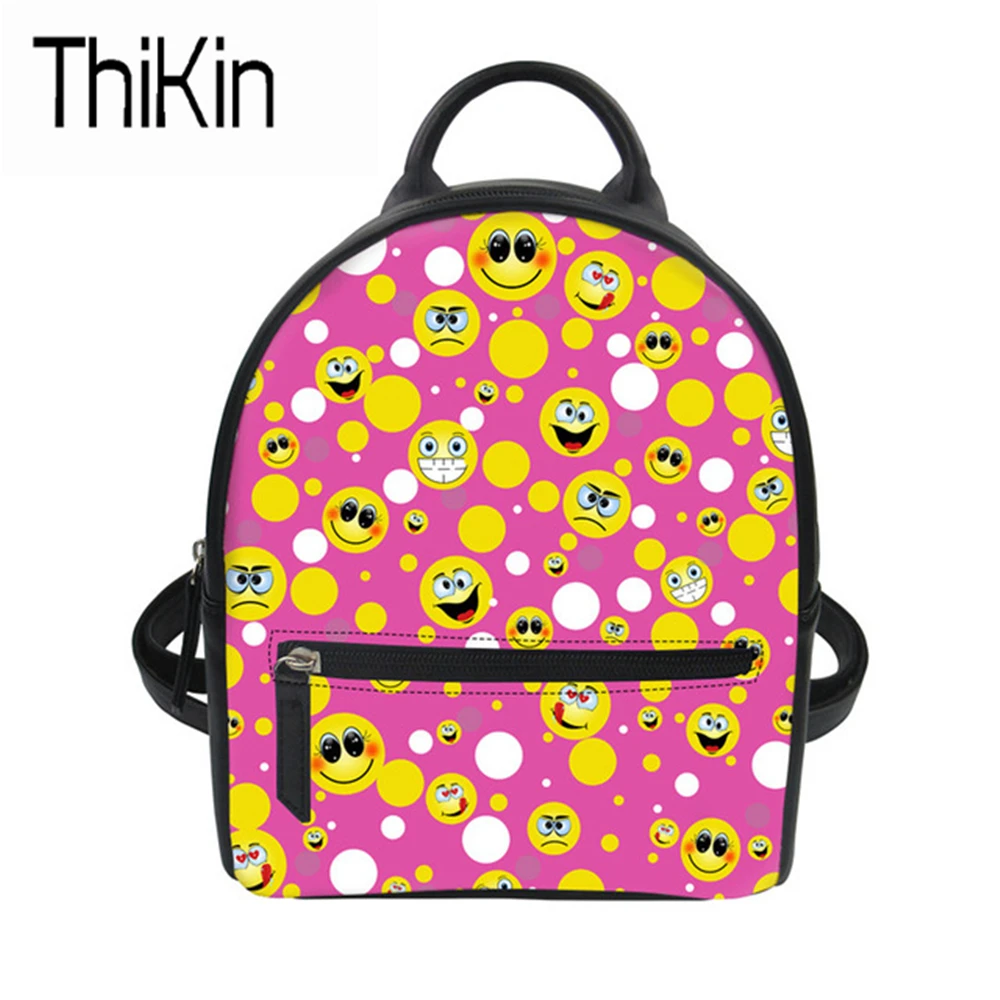 THIKIN Women Backpack Funny Emoji Printing Pu Leather Backpack for Teen