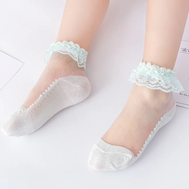 Детские сетчатые носки для маленьких девочек на весну, лето и осень модные короткие носки с кружевными оборками Дышащие носки принцессы для маленьких девочек - Цвет: Зеленый