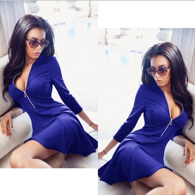 

B 2019 Women's Fashion Summer Autumn Solid Pleated Dress Long Sleeve V-neck Sexy Evening Party Dresses Bodycon Mini Dress