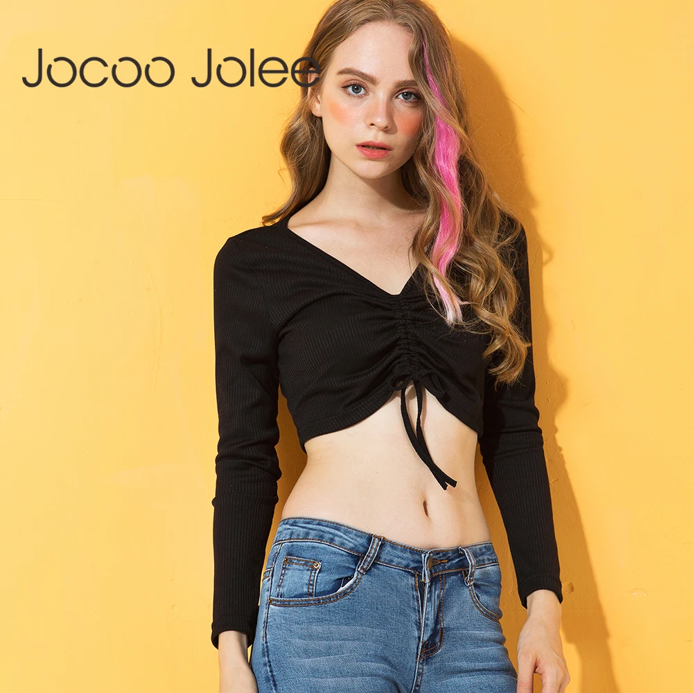 Jocoo Jolee 2018 тонкая женская блузка с V образным вырезом и длинным рукавом кулиской