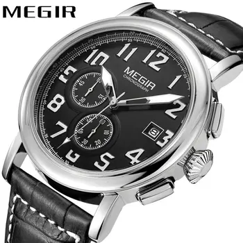 

MEGIR Top Brand Luxury Men Quartz Watch Leather Strap Small Working Sub-dials Calendar Display Men Multifunction Wristwatches
