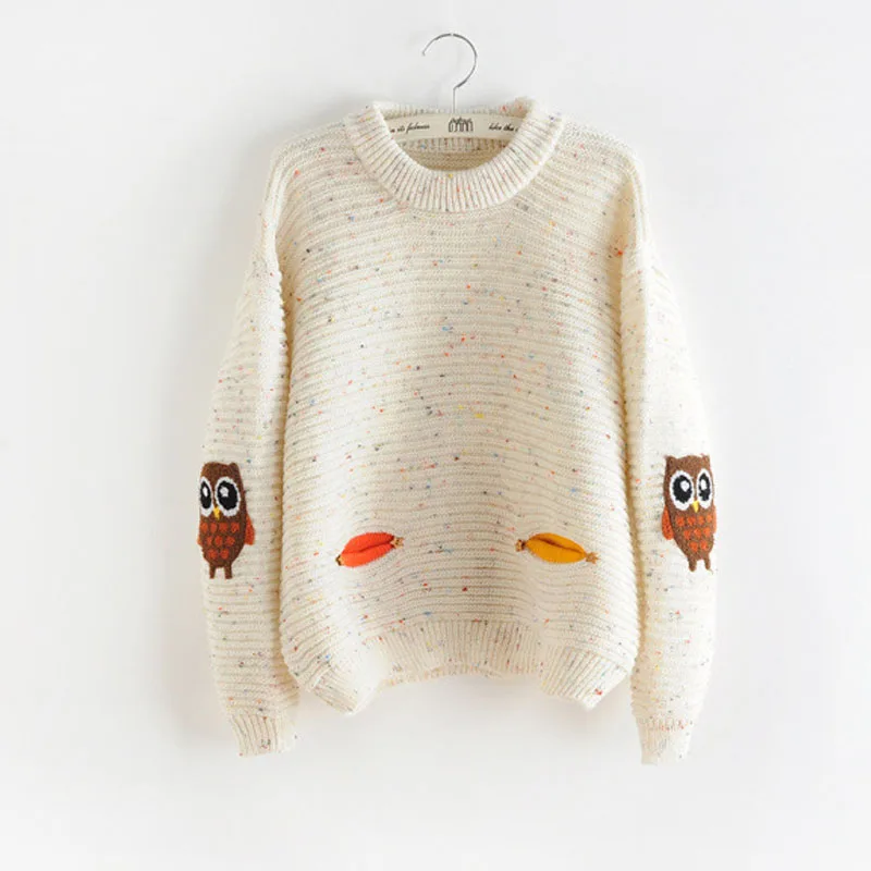 2016 New Embroidery Owl Cute Pullovers Sweater Women's Woolen Solid