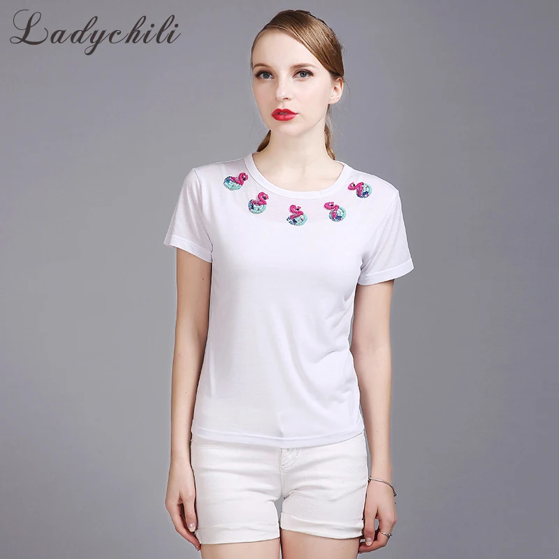 

Ladychili Women Intimates Casual White Purple Pullover O Neck Short Sleeve beading Basic T-Shirt Cotton Tank Plain Top S23