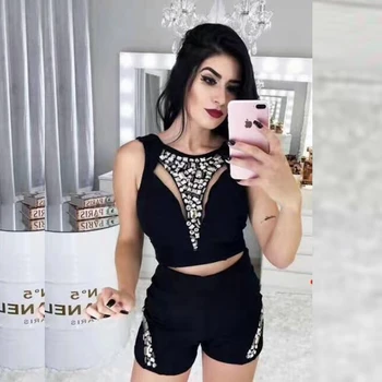 

Newest Elegant Sexy Bodycon Black Beading Sexy two 2 pieces Bandage Playsuit 2019 Women Summer Jumpsuits Verano Club Wholesale