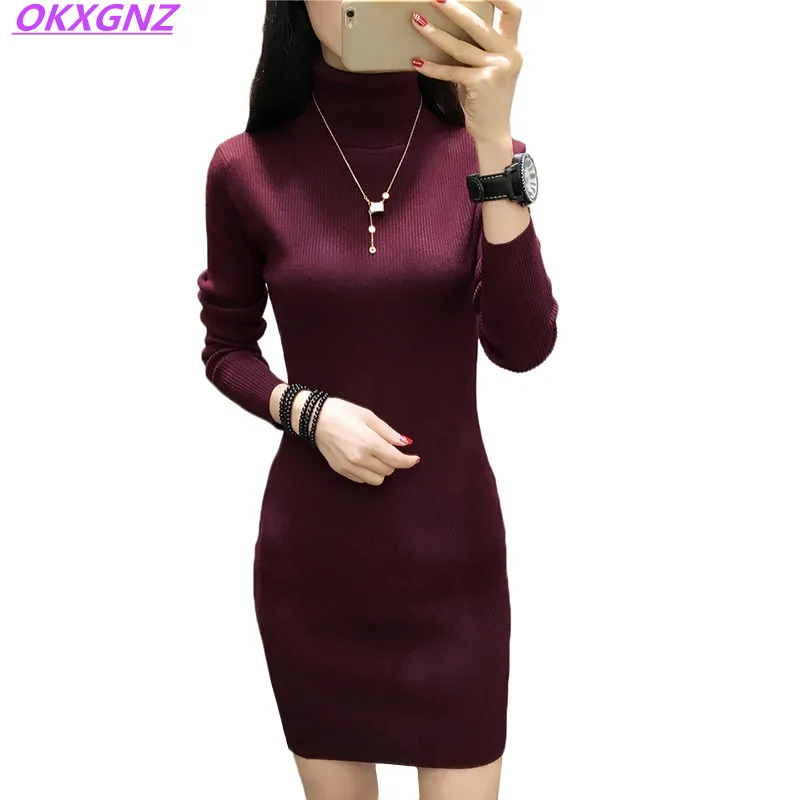 2018 Women Dress Winter Autumn Sweater Knitted Pullover Slim Elastic Turtleneck Long Sleeve Sexy Lady Short