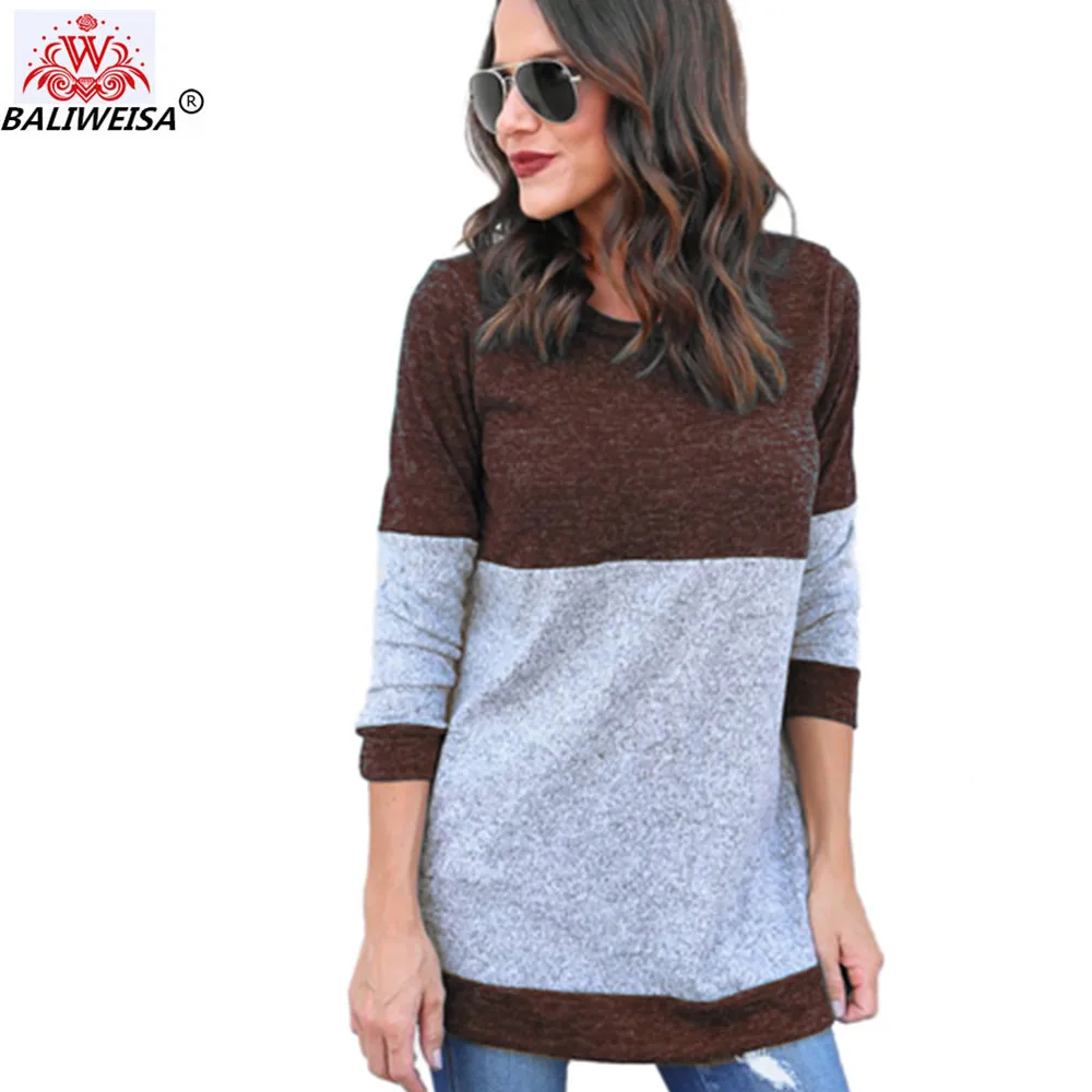 

BALIWEISA Casual Loose Pullovers Spliced Long Sweater Women 2019 Autumn Winter Elegant Round Neck Ladies Patchwork Wool Sweater