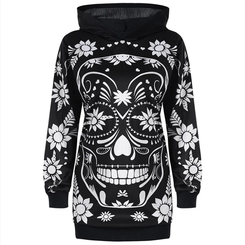 Autumn Women Skull Printed Hoodie Sweatshirts Casual Long Loose Hooded