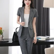 Новинка, серые профессиональные деловые костюмы, Пиджаки и брюки, Дамская рабочая одежда, брючные костюмы, летние комплекты, женские блейзеры, S-4XL