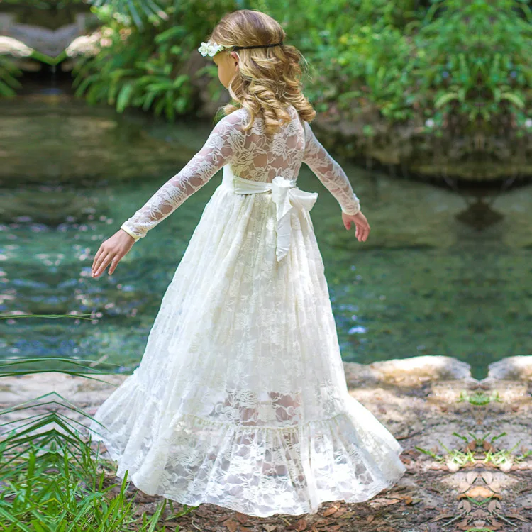 white lace floral dress 2017 long sleeve party princess dresses kids ...