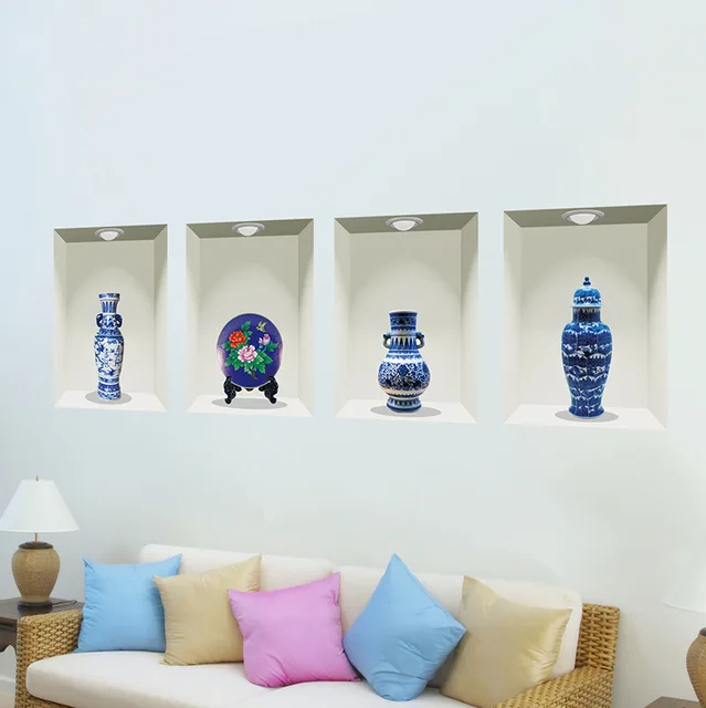 online shop 3d vintage blue and white porcelain wall sticker