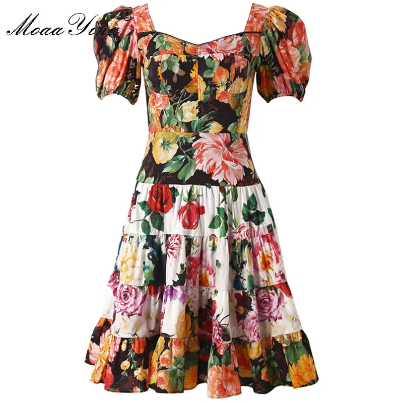 

MoaaYina Fashion Designer Runway Dress Summer Women V-neck Puff Sleeve Floral-Print Elegant Cotton Dress High Quality