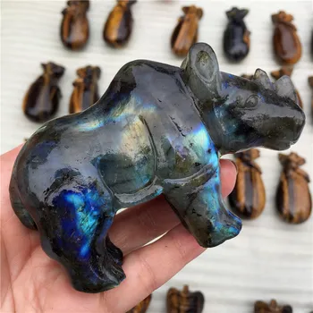 

Natural Stone Labradorite Hand Made Carved Rhinoceros Labradorite Crystal Fashion Carved Animal Figurine Gifts