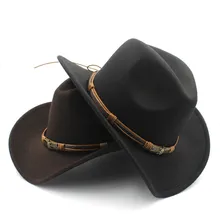 Chapéu de lã oco, chapéu de lã da moda para homens e mulheres, chapéu de cowboy ocidental com o sol de deus, cinto de cowgirl, jazz toca sombero, boné godher tamanho 56-58cm