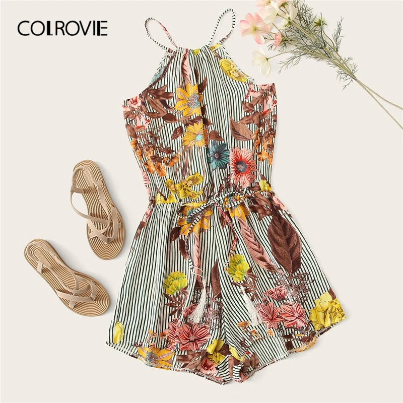 

COLROVIE Floral Print Striped Drawstring Boho Halter Romper Women Clothing 2019 Summer Holiday Sleeveless Girly Short Jumpsuit