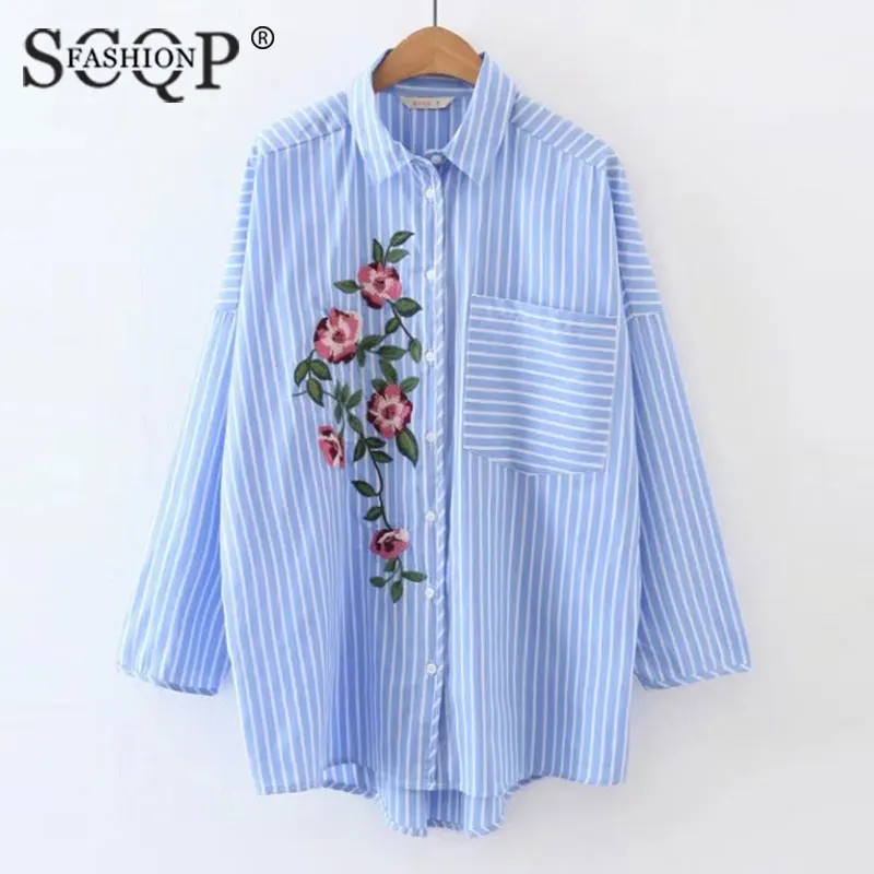 Scqp fashion полосатый вышивка синий женская верхняя одежда и блузки женские с длинным