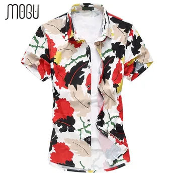 

MOGU Men's Large Sizes Shirts Short Sleeve Button Down Casual Shirt 2017 Men Flower Print Shirt Men Summer Beach Shirts Size 7XL