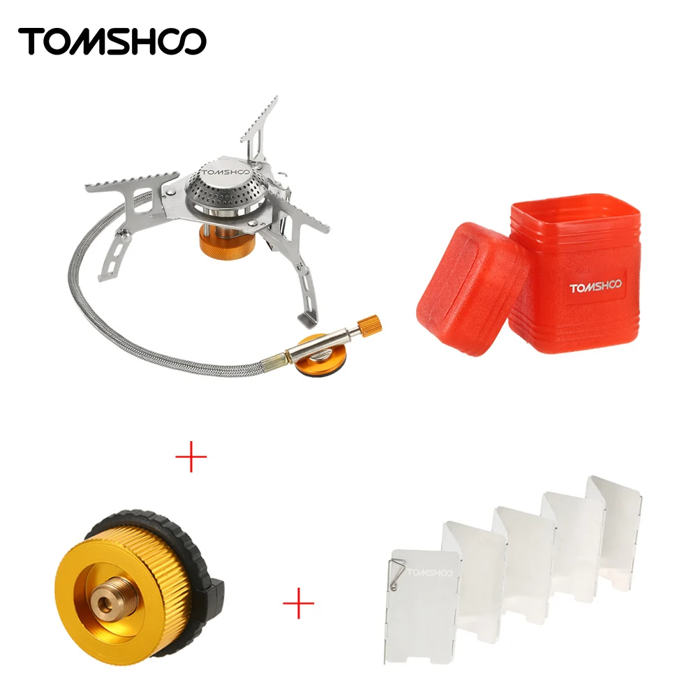 TOMSHOO Foldable Gas Stove Outdoor Camping Stove Burners + 9 Plate Wind Screen Windshield + Gas Cartridge Stove Adapter Cookware