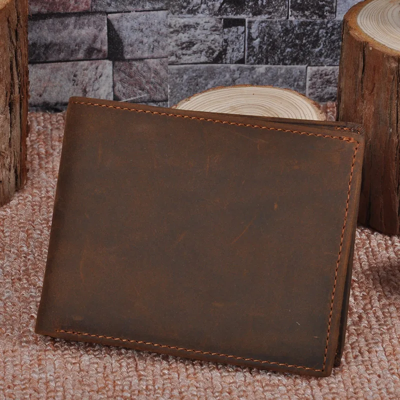 

Men's Short Wallet Card Purse Holder Vintage Genuine Leather Cash Coin Photo For Man Zipper Top Cow Crazy Horse Folds Brown Gift