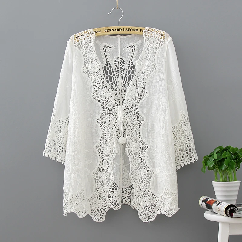 White Lace Hollow Out Half Sleeve Kimono Cardigan Blouse