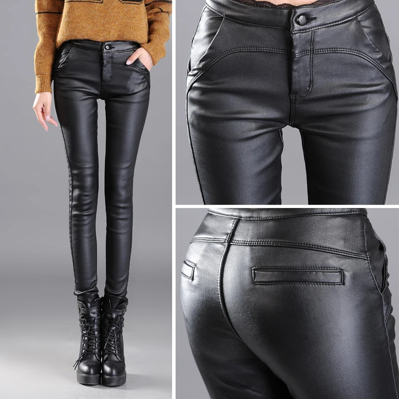 

Leather Pant Female 2018 High Waist Plus Velvet Warm Feet Pants Frosted Matte Wear Pu Imitation Leather Leggings Womens Clothing