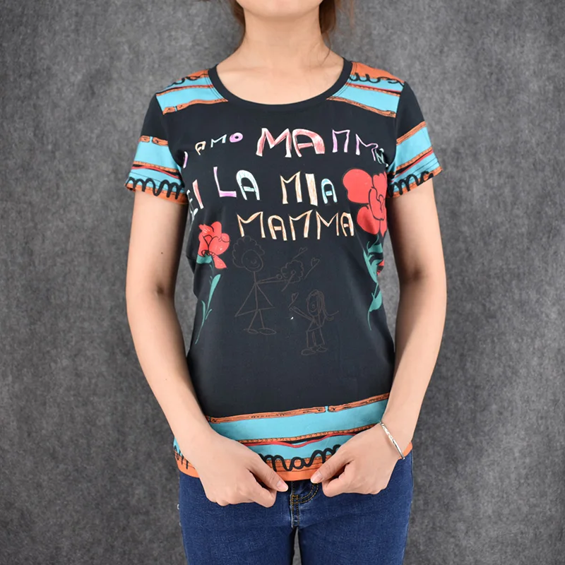 

Italy design fashion Europe style women camisas street ton graffiti rose print short sleeve O-neck slim women t shirts in girl