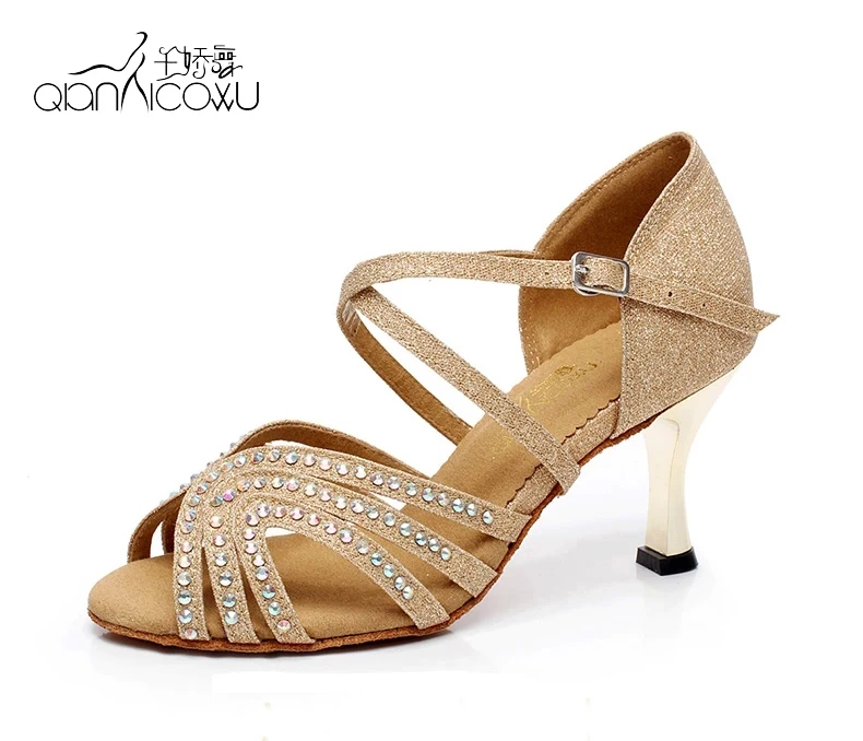 

DILEECHI rhinestone Latin dance shoes salsa Silver Electroplating heel 7.5cm Party shoes Ballroom dancing shoes Blue heel 75mm
