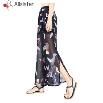 

Creative High-heeled Shoes Print Pants Women Casual Chiffon Trousers Female High Waist Split Wide Leg Pants Plus Size