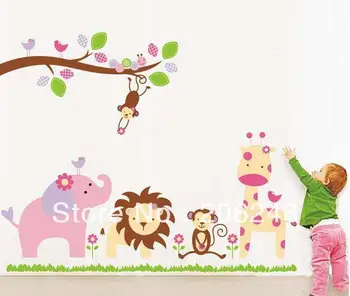 

Cute 9052 World of Animal Wall Stickers African Jungle Elephant Monkey Lion Murals Tree Parlor Kids Bedroom Home Decor